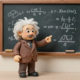 claymation miniature scene of albert einstein pointing standing in front of miniature blackboard with lots of mathematical formulas chalked on, hands retouched