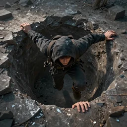 A young thief climbing out of a pit, epic fantasy style, highly detailed, photorealistic, reflections, smooth, sharp focus, concept art, illustration, beautiful, geometric, trending on artstation, cinematic, featured on behance , artwork by WLOP and Tran, Ross