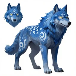 a fantasy giant blue wolf with white tribal paint character design sheet, trending on artstation