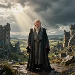 a beautiful wide shot of donald trump in gandalf's robes facing the camera, the panorama of middle earth in the background, intricate detail, god rays, photography, volumetric light, cinematic, 8 k