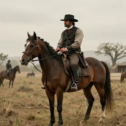a scene of arthur morgan riding a horse from wes anderson's film of red dead redemption 2, high quality cinematic photography