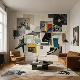 rendered in blender constructivism in beautiful room, music abstract, collage paper and tape, photo collage, high resolution, cinematic, unreal 6, breathtaking detailed, by cornell joseph