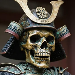 close up shot of an old bronze patina statue of a skull with a samurai hat