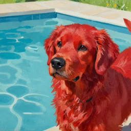 close up of a red dog at pool, painting by David Hockney