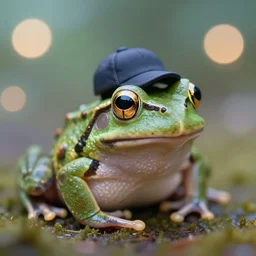 5 5 mm photo of frog with a cap, head shot. dof. bokeh. magical atmosphere. art by greg rutkowski. highly detailed 8 k. intricate. lifelike. soft light. nikon d 8 5 0.