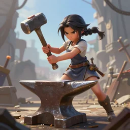 blacksmith cute girl hitting with a hammer, anvill, epic digital art illustration, wide angle, masterpiece, dynamic wide perspective, anatomy skills, outstanding detail, illustration, colorgrading, LUTs, octane render, redshift, simulation, great composition by sixmorevodka studio