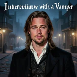 alternate cover art for the movie interview with a vampire starring a long haired brunette brad pitt as louis de pointe du lac portrait, face centered, schmuck, regal, confident, unused design, night time, fog, colonial era street, volumetric lighting, realistic illustration, perfectly shaded, soft painting, no text, art by krenz cushart and wenjun lin