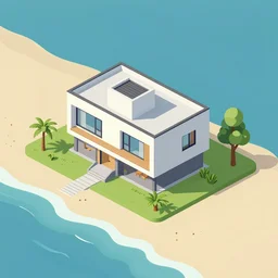 an isometric illustration of a modern house by the beach,