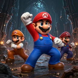 megaman fighting mario bros, dark fantasy, octane, unreal engine, ray tracing