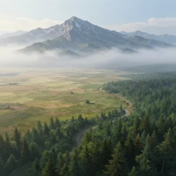 calm landscape with cold misty mountains in the north, grand plains in the west, and a twisting forrest in the south, concept art, fantasy art, highly detailed hd, artstation, hd wallpaper