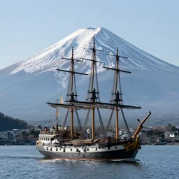 a photograph of a galleon ship sailing in a lake. mount fuji in the background. realistic. hq. photoreal. zeiss lens. detailed. cinematic. 4K. DSLR.