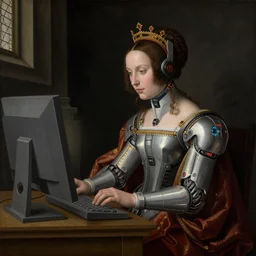 Renaissance painting of a royal female cyberpunk using a computer