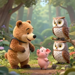 Winnie the poo playing with piglet and owl 4k extremely detailed surrealism