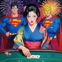 hyperrealism composition of the detailed woman in a japanese kimono sitting at a poker table with superman, fireworks on the background, pop - art style, jacky tsai style, andy warhol style, acrylic on canvas