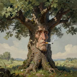 matt painting of an old tree that has facial expressions, it's smoking a cigarette, smoking particles, in high detail, accurate, fantasy illustration, trending on artstation, by frank robert dixon, fineartamerica