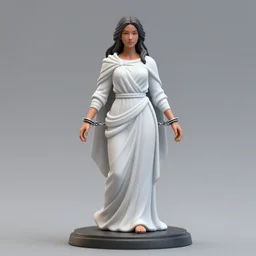 80mm resin detailed miniature of a mother, clothed in white robe, armor, olive skin, long dark hair, handcuffs, beautiful bone structure, symmetrical facial features, Product Introduction Photos, 4K, Full body