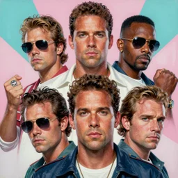 a closeup portrait painting of crockett and tubbs in eighties miami vice, ultra realistic, highly detailed faces, true life, 8 k, masterpiece, cinematic, by frank frazetta, greg rutkowski, beeple, yoko taro, christian macnevin, beeple, wlop, krenz cushart, epic character art, volumetric lighting, pink white turquoise