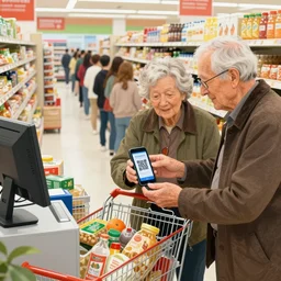 old wrinkled couple in the cash registry of a grocery shop, they are paying with their smartphones, holds up smartphone displays with a qr code, shopping carts are all full of groceries, in the background we see a long long line of young customers, illustration photo, masterpiece by morten krogvold