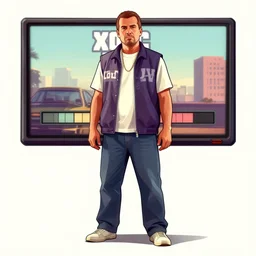 xqc in the style of a grand theft auto loading screen art. full body. illustration. realstic. trending on artstation