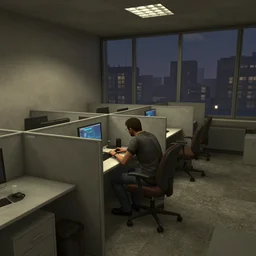 A man in the office at 3AM with multiple cubicles and a window that provides a view of the city, Source Engine, Gmod, Half Life 2