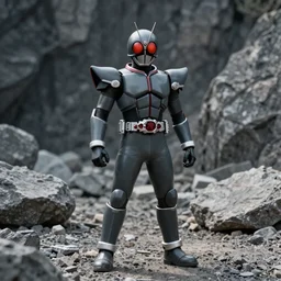 High Fantasy Kamen Rider with a Mini Figure Gimmick, glowing eyes, moody colors, rock quarry daytime, grey rubber undersuit, segmented armor, Guyver Dark Hero