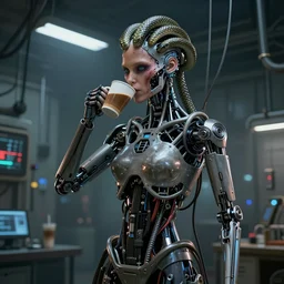 the upper torso of a terminator cyborg lady with borg implants, human face and robotic snakes coming out of her head is hanging from cables and wires off the ceiling of a lab. Her bottom half is missing with cables hanging out. She is taking a sip from a cup of coffee. very detailed 8k. Horror cyberpunk style. Unreal engine 5 render with nanite, path tracing and cinematic post processing. Sharp.