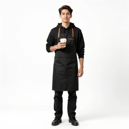 hooded barista holding a coffee cup, photorealistic portrait photography, full body, standing, isolated on a pure white background, centered, whole figure in frame, sharp focus, studio lighting