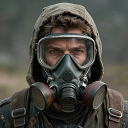 retrofuturistic portrait of a wasteland scavenger, respirator on bottom half of face, close up, quint buchholz, wlop, dan mumford, artgerm, liam brazier, peter mohrbacher, raw, featured on artstation, octane render, cinematic, rugged, intricate, 8 k