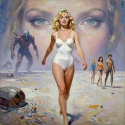 a mixed media painting of one very beautiful blonde woman fleeing from a distant colossus creature on an alien world, elegant, aesthetic!!! symmetrical face and eyes, sixties pinup, futuristic white space bikini, photorealistic, goddess, epic sci - fi character art, by frank frazetta, donato giancola, boris vallejo, greg rutkowski, christian macnevin