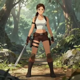 “A high quality, full body, anime illustration of Lara Croft, from Tomb Raider Legend, created by Keiichi Arawi”