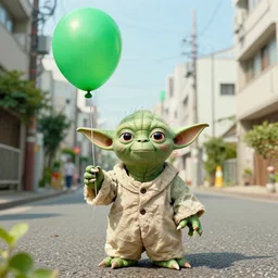 yoda holding a green balloon in the tokyo suburbs by wes anderson and zdzislaw beksinski, highly detailed, trending on artstation, sigma 5 0, hyper realistic
