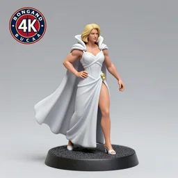 80mm resin detailed miniature of a Very Muscular Queen, long white cape, light skin, short blonde hair, on textured disc base, Company logo in upper left corner; Miniature product Photo, 4K, Full body