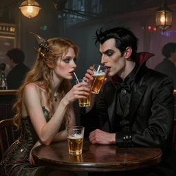 a highly detailed matte painting of a fairy getting drunk with a vampire at a busy pub in manhattan, gloomy, soft, by artgerm, by wlop, by greg rutkowski, volumetric lighting, octane render, 4 k resolution, trending on artstation, masterpiece