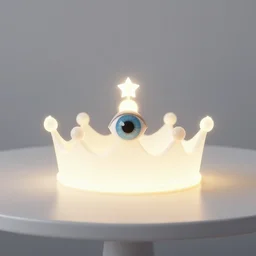 a glowing minimal elegant crown sitting on a table with one large beautiful eye on top of it like a jewel, stars on top of the crown, night time, vast cosmos, geometric light rays exploding outwards into stars, bold black lines, flat colors, minimal psychedelic 1 9 3 0 s poster illustration