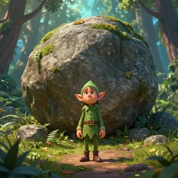 confused elf in front of gigantic boulder standing on the trail in a magical forest, 4 k, realistic digital art, trending on artstation, stunning