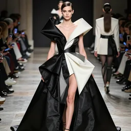 extremely beautiful statue of isabelledeltore wearing avant garde asymmetrical distorted comme de garcon haute couture gown in the style of rei kawakubo, couture, avant garde, matthew williams, givenchy, balenciaga, yohji yamamoto, japanese avant garde fashion, fashion, paris, runway, collection, beautifully lit, glossy, hd, 4 k, 8 k, extremely clear focus, sharp, award winning fashion photograph