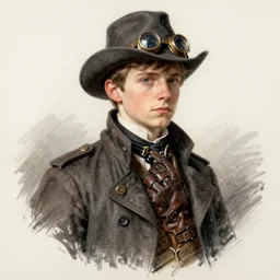sketch by Jean-Baptiste Monge !!!!!!!!!!!!!!!!!!!!!!!!!!!!!!!!!!!!! (((((((((((((portrait of boy dressed as steampunk detective wearing leather gloves . muted colors.)))))))))))))