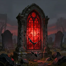 old graveyard, red light inside, stained glass, broken gate, black rocks,, epic fantasy, colorfully, digital art, concept art, detailed illustration, hd, 4 k, digital art, by anato finnstark trending on artstation