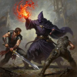 A highly detailed oil painting concept art of a sorcerer casting an acid splash spell against a fighter wielding a greatsword, highly detailed concept art.