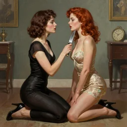 “ 8 0 s retro movie still with daria strokous as a femme fatale holding a knife on her victim ’ s throat who is kneeling. intricate, elegant, highly detailed, digital painting, artstation, concept art, smooth, sharp focus uhd 8 k, art by artgerm and greg rutkowski and alphonse mucha ”