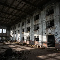 detailed urbex photograph of a ramshackle ussr military warehouse, cinematic composition, volumetric light, wide angle