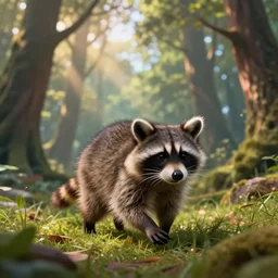 beautiful little raccoon is walking in a magical forest. cute fluffy raccoon, cinematic view, epic sky, detailed, concept art, low angle, high detail, warm lighting, volumetric, godrays, vivid, beautiful, trending on artstation, by jordan grimmer, huge scene, grass, art greg rutkowski