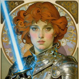head and shoulders portrait of a female knight gazing into camera, young lady, blue lightsaber, by alphonse mucha, face detail, extremely detailed, art nouveau painting - 8 k