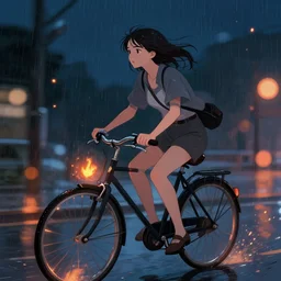 a beautiful illustration of a woman riding a bicycle in a rainy night, fiery particles, anime aesthetic, midnight theme, depth of field, bokeh, composition study, featured on artstation, by art by artgerm and greg rutkowski and alphonse mucha, vertical orientation