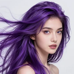 Purple hair relistic Portrait of a woman with bright colored flying hair, all shades of purple. Beauty face, Hair coloring, fantasy, intricate, elegant, highly detailed, digital painting, artstation, concept art, smooth, sharp focus, illustration, art by artgerm and greg rutkowski and alphonse mucha