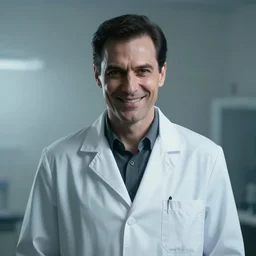 an ultra realistic cinematic portrait of an evil male scientist smirking, foggy, stood in a lab, detailed, backlight, deep focus, movie still, moody lighting, by werner herzog