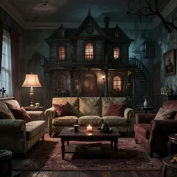 realistic photograph of a living room inside a haunted house, horror scene, artstation