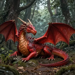 a red dragon resting in a forest