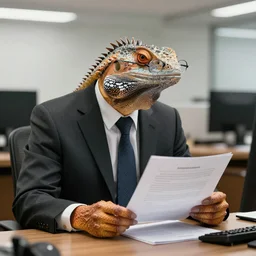 photo of a real lizardman in a suit and glasses, reading a document at a desk in an office. Highly detailed 8k. Intricate. Sony a7r iv 55mm. Award winning.