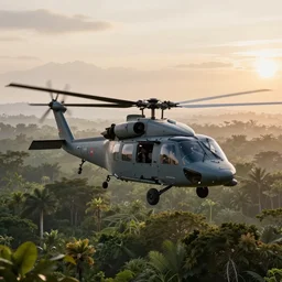 UH-60 Helicopter flying over jungle at dawn high detail render